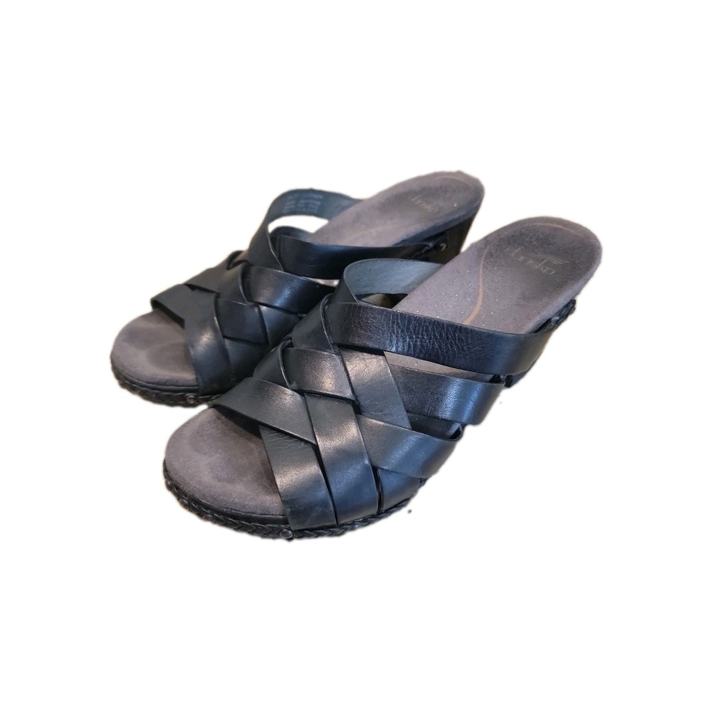 Dansco Tory Wedge Mules Braided Sandals Cross Black Leather Strappy Sz. 39 US 8
